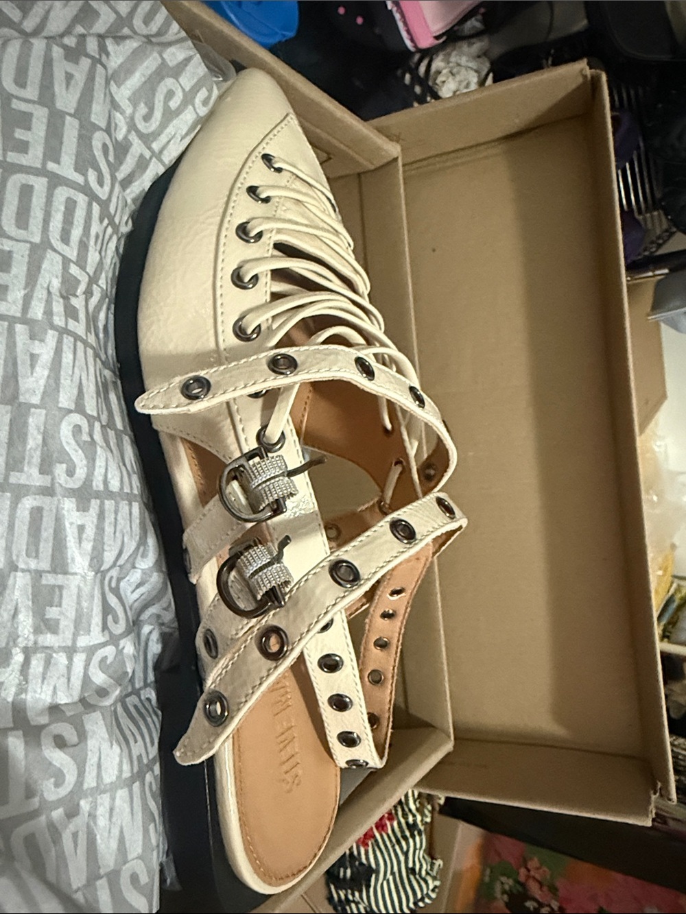 SM New York Cream Lace-Up Buckle Clog Sandal